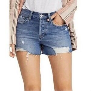 Free People Women 25 Blue Byron Bay Regular Mid Rise Denim Distressed Shorts New